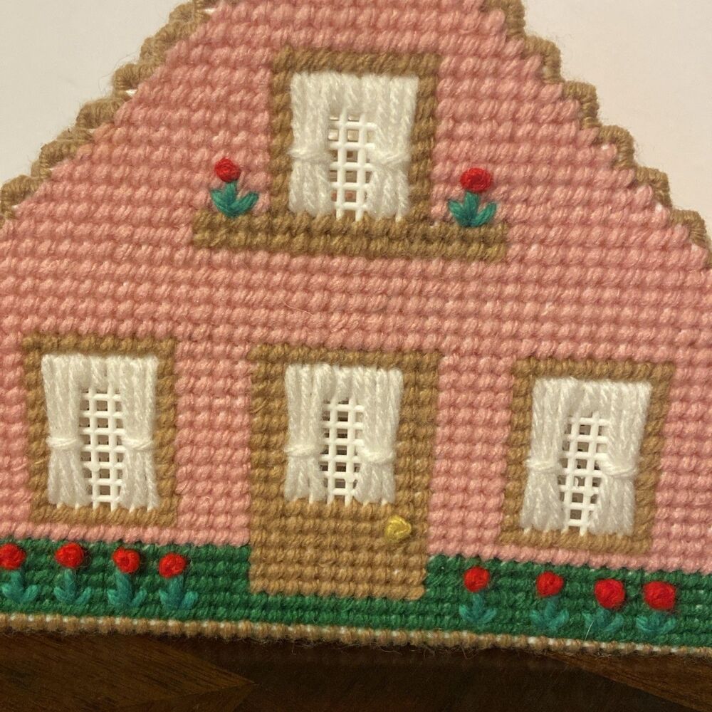 Cottagecore Plastic Canvas Needlepoint Knit House Napkin Holder Grandmacore VTG